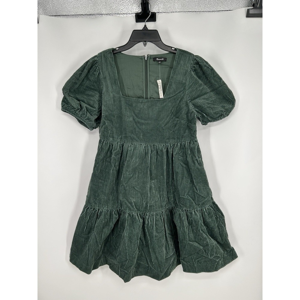 Madewell Corduroy Aidy Square Neck Tiered Mini‎ Dress Short Sleeve Green Size 4